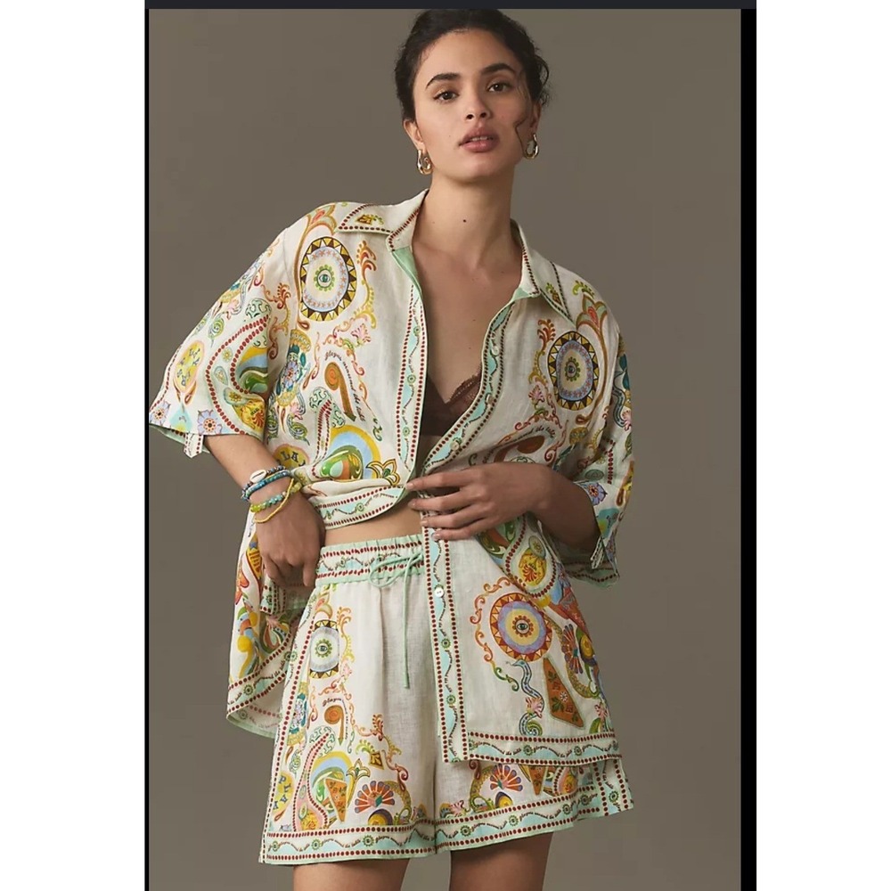 ALÉMAIS Pinball Linen Shirt Multi Color Graphic Print Button Down US 8 AU 12